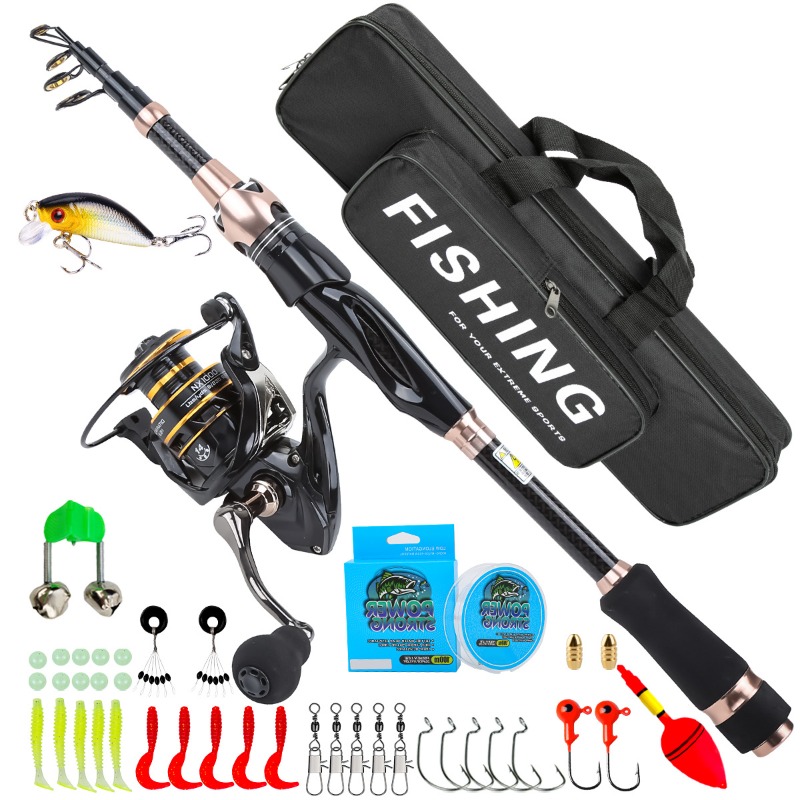 Freshwater Line - 8m伸縮式釣り竿リールコンボセット、携帯用釣り具キット、人工ルアー、釣り糸、フック、タックルバッグ付き、淡水・海水用