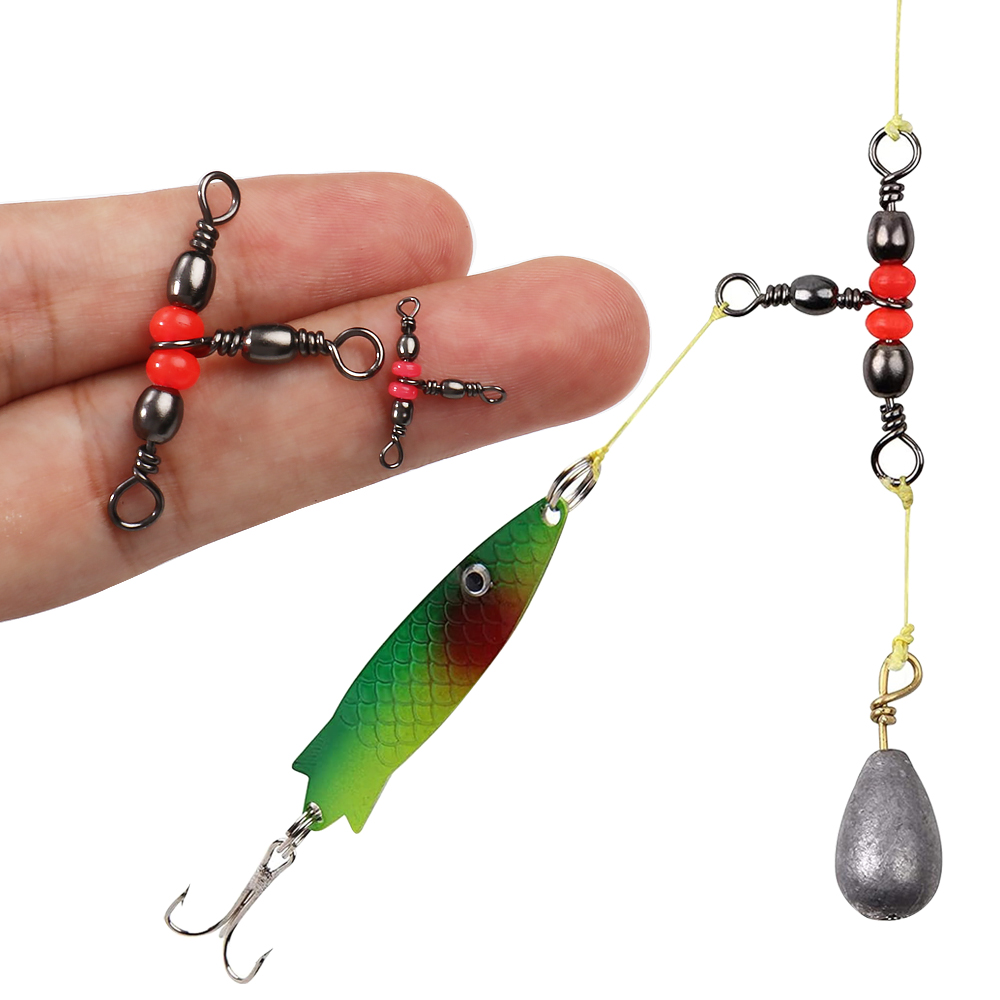 Freshwater Line - トリプルバレルTスイベル釣り用コネクター3ウェイクロスラインスイベルレッドビーズローリングスイベル海水釣り道具アクセサリー