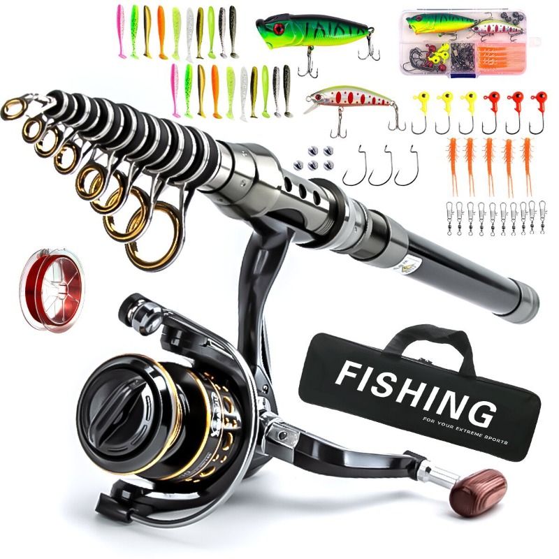 Freshwater Line - カーボンファイバー製伸縮式釣り竿リールコンボフルキット、シミュレートルアー付き、携帯用トラベルシーフィッシングセット（淡水・海水用）