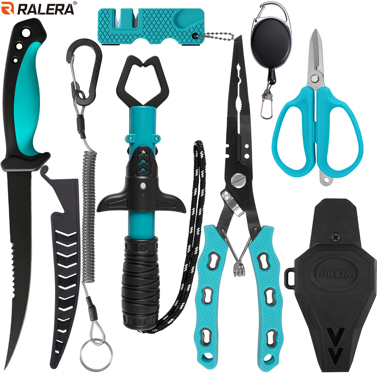 Fishing Line Cutter - RALERA耐塩水釣り具キット：フィッシングプライヤー、フィレナイフ、フィッシュリップグリッパー、ブレイドハサミ、ラインカッター