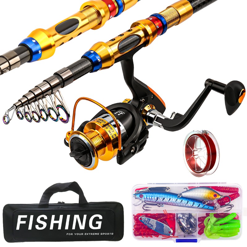 携帯用カーボンファイバー製伸縮式釣り竿とリールのフルキット、 - Freshwater Line のレビューと価格