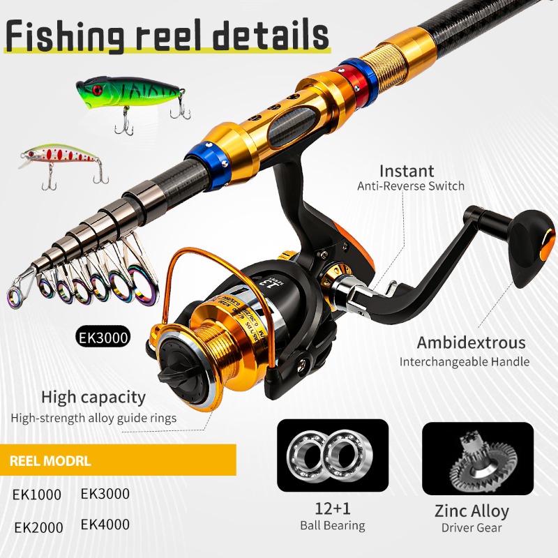 携帯用カーボンファイバー製伸縮式釣り竿とリールのフルキット、 - Freshwater Line のレビューと価格